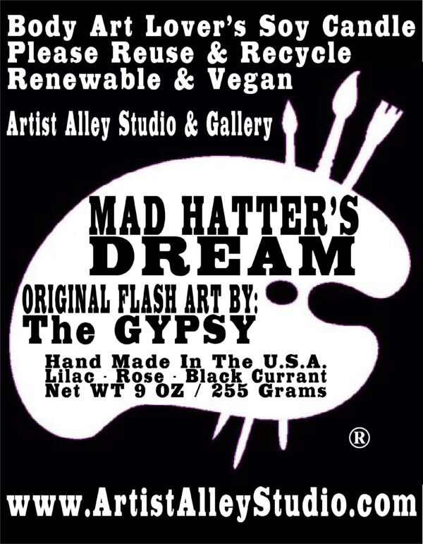 Mad Hatters Dream Body Art Lover's Soy Wax Candle Informational Label