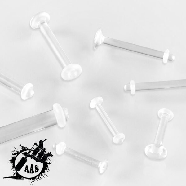Clear Acrylic Piercing Retainers White Background and Logo