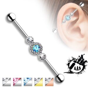 Triple Round Cubic Zirconia Center 316L Surgical Steel Industrial Barbells