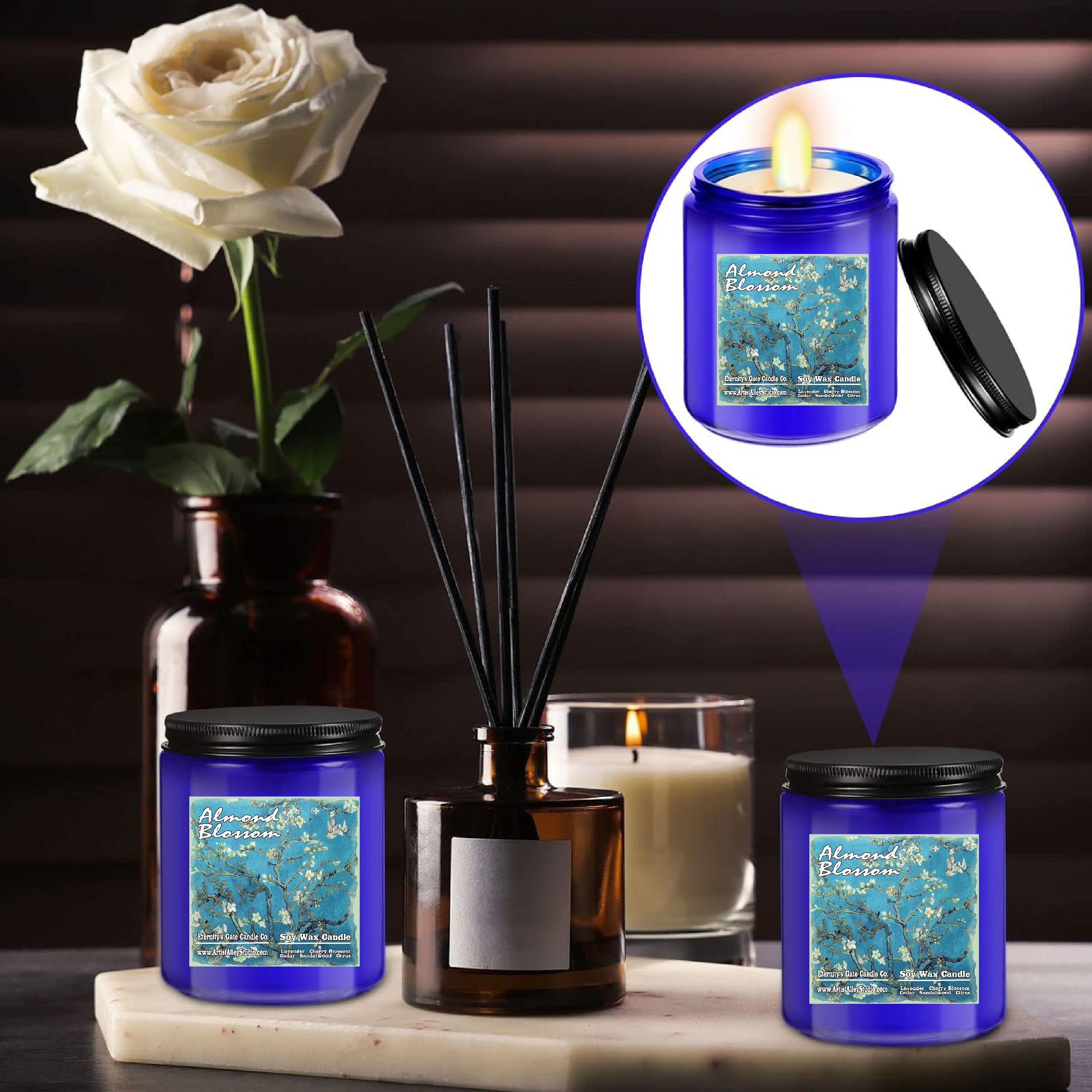 Almond Blossom Vincent van Gogh inspired deep scented soy wax candle by Eternity's Gate Candle Company Promo Photo 1