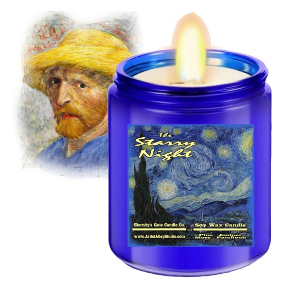 Starry Night Vincent van Gogh Inspired Deep Fragrance Soy Wax Pine, Juniper, Moss, Patchouli, Scent Candle By Eternity's Gate Candle Company Promo 2