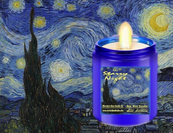Starry Night Vincent van Gogh Inspired Deep Fragrance Soy Wax Pine, Juniper, Moss, Patchouli, Scent Candle By Eternity's Gate Candle Company Promo 3
