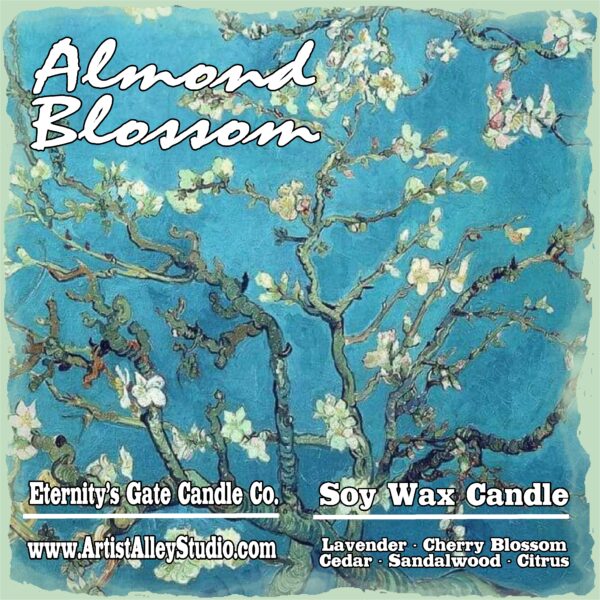 Label for Almond Blossom Vincent van Gogh Inspired Deep Scented Candle By Eternity's Gate Candle Company