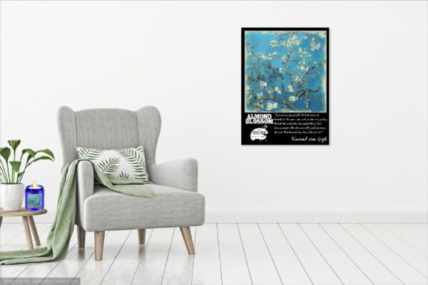 Almond Blossom Vincent Van Gogh inspired deep scented soy wax candle by Eternity's Gate Candle Company Room example with poster and candle